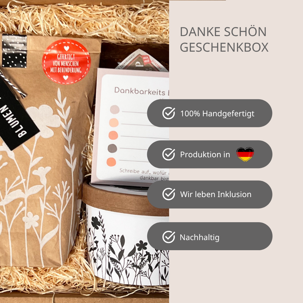 Vielen Dank Geschenkbox- Warum du diese Box kaufen solltest – 100 % handgemacht- Produktion in Deutschland- Wir leben Inklusion- nachhaltig