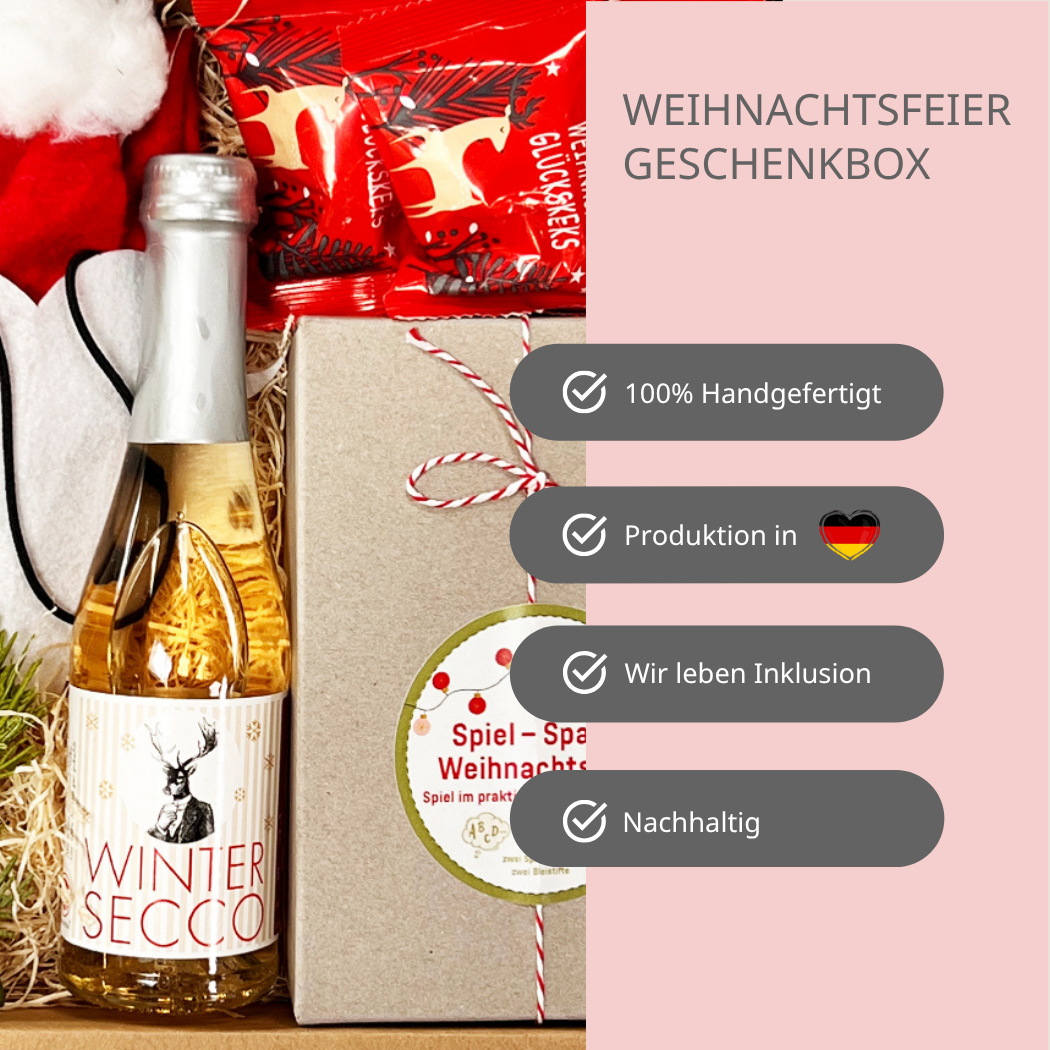 Weihnachtsfeier to go Box- Warum du diese Box kaufen solltest – 100 % handgemacht- Produktion in Deutschland- Wir leben Inklusion- nachhaltig