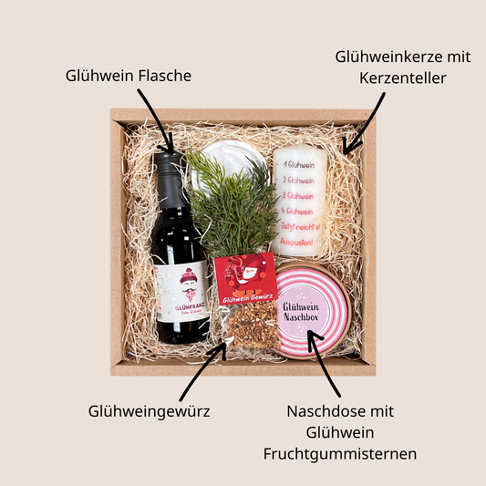 Glühwein Geschenkbox mit Gewürz, Kerze und Naschbox