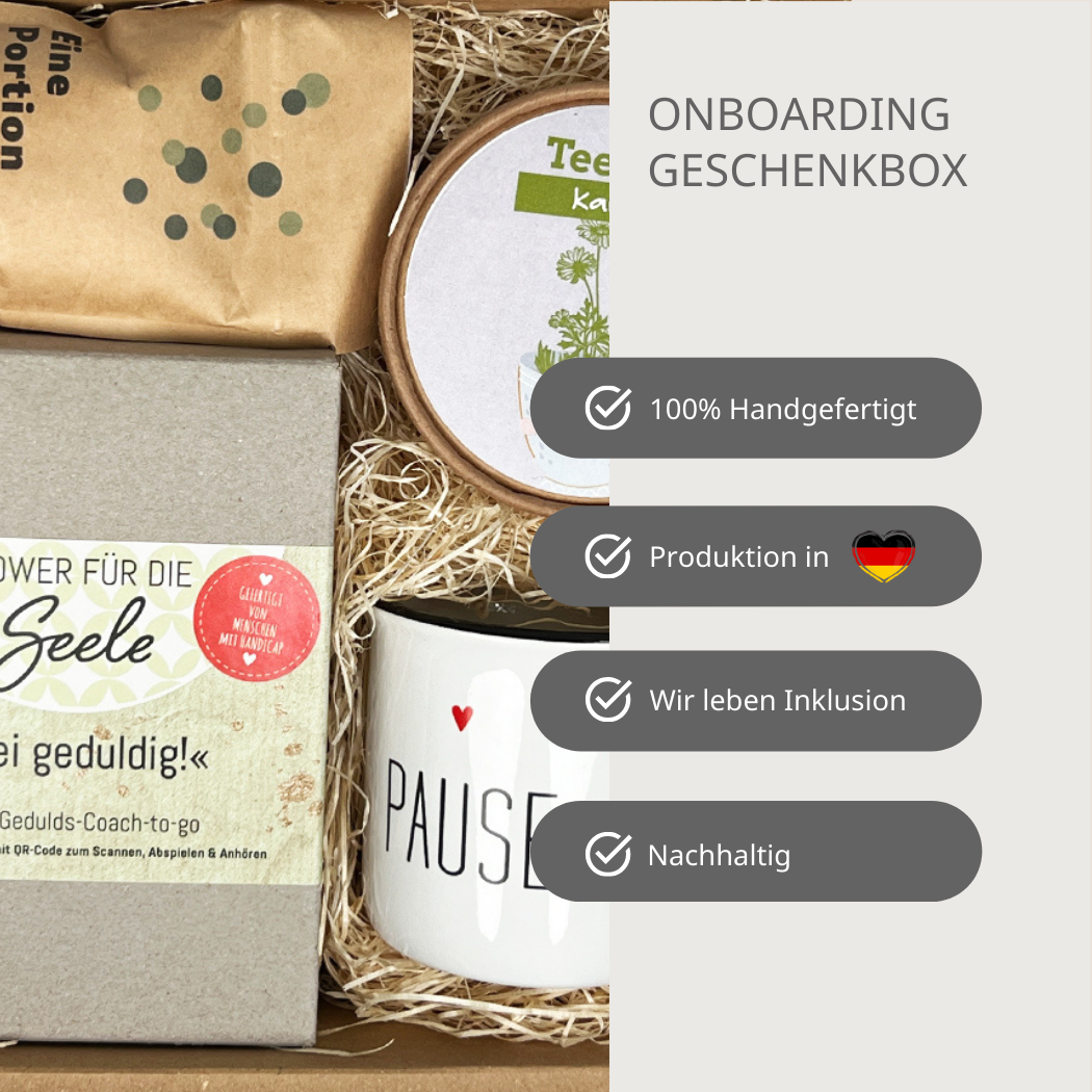 Onboarding Box. Warum du diese Box kaufen solltest – 100 % handgemacht- Produktion in Deutschland- Wir leben Inklusion- nachhaltig