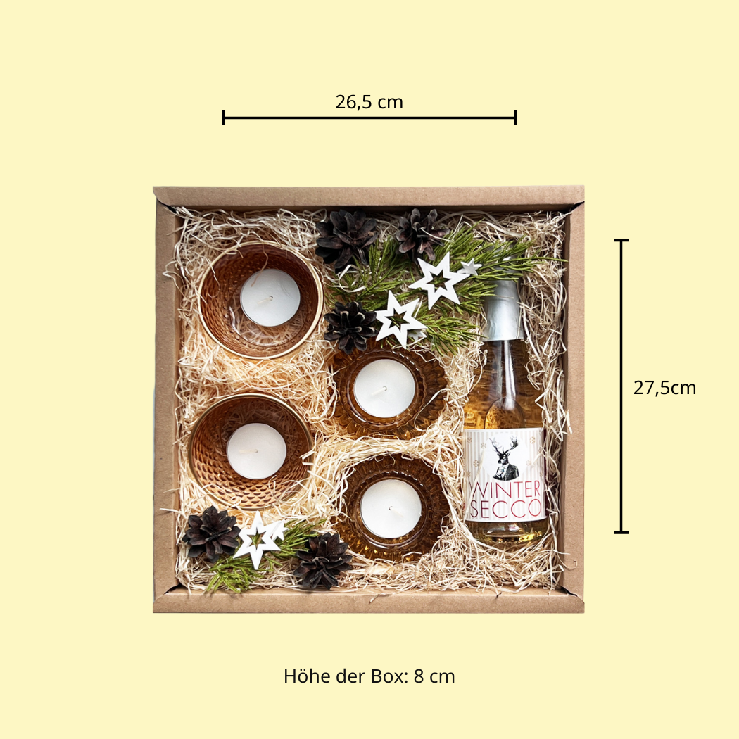 Größe der Box: 26,5x27,5x8cm Teelicht Geschenk