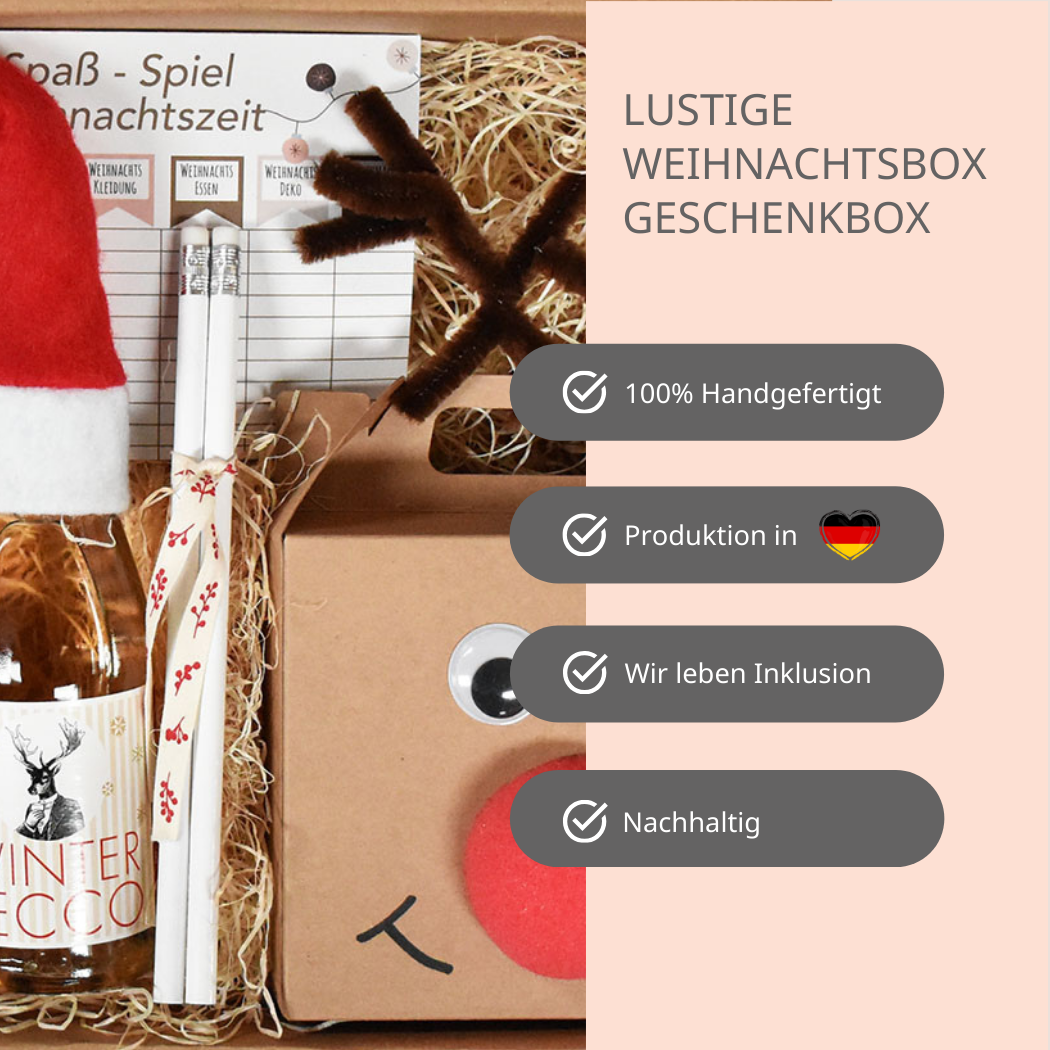 Rentier Weihnachtsbox- Warum du diese Box kaufen solltest – 100 % handgemacht- Produktion in Deutschland- Wir leben Inklusion- nachhaltig