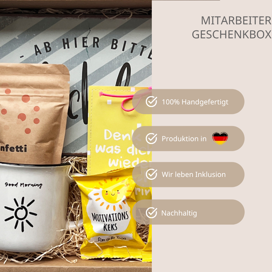 Gute Laune Geschenkbox: handgefertigt-Inklusiv-Nachhaltig-Produktion in Deutschland