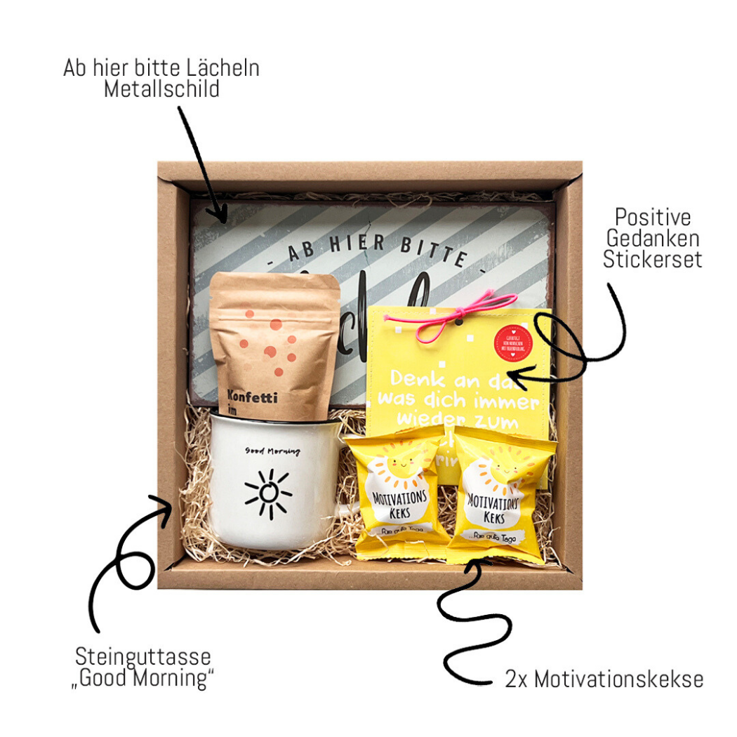 Onboarding Geschenk mit Herz:Türschild: Ab hier bitte lächeln, Motivationsglückskekse, Good Morning Tasse aus Steingut- Konfetti im Kopf Tee