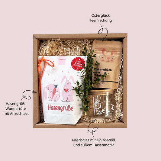 Geschenkbox zu Ostern mit süßen Hasen