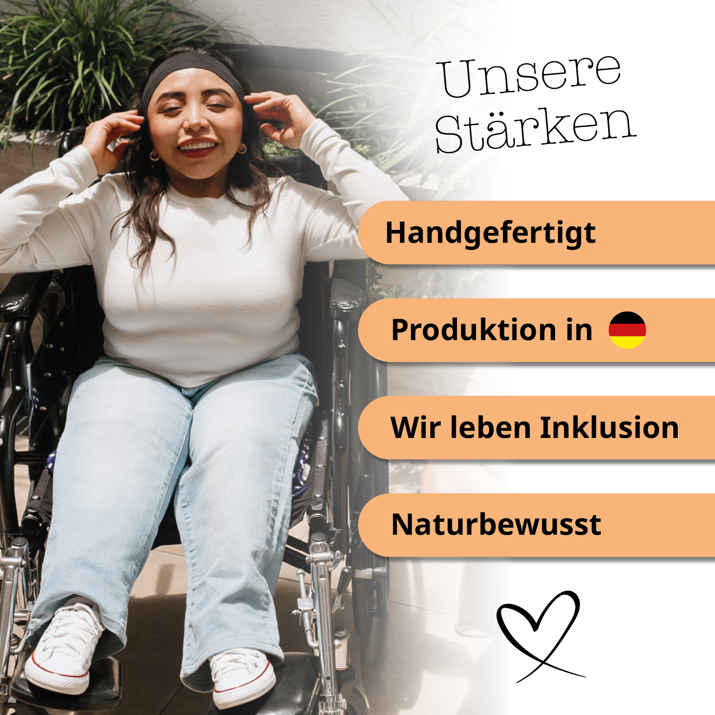 Unsere Stärken: Handgefertigt, Produktion in Deutschland, Inklusiv, Naturbewusst