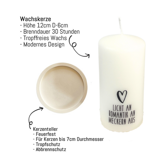 Licht an-Romantik an- Meckern aus Kerze in weiß mit schwarzem Druck und Herz