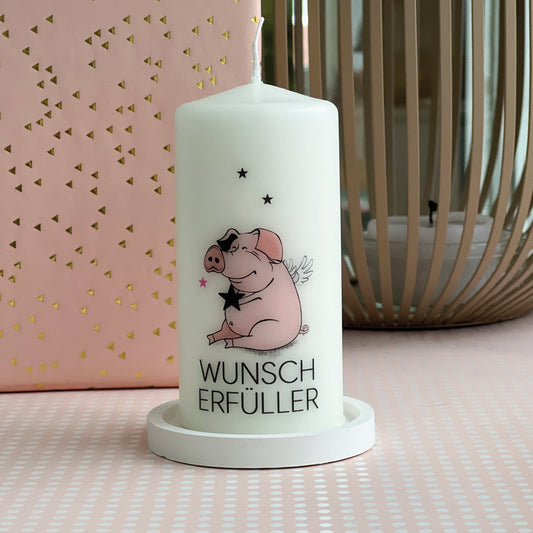 Wunscherfüller Kerze mit Glückschweinmotiv