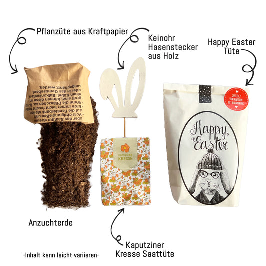 Osterhasengeschenk Zutaten aus Anzuchterde, Pflanzenstecker mit Hasenohren, Kapuziner Saatguttüte