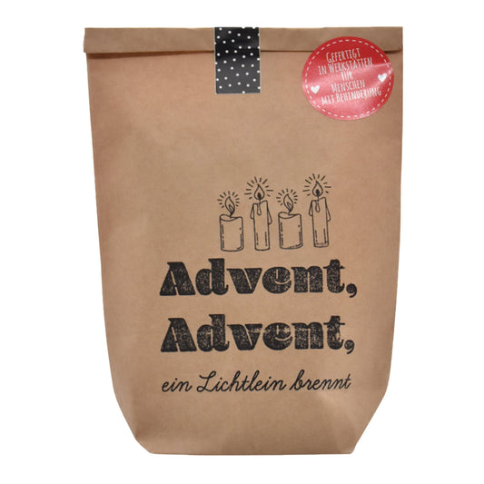 Wundertüte in braun bestempelt mit Advent, Advent ein Lichtlein brennt als Adventsgeschenk