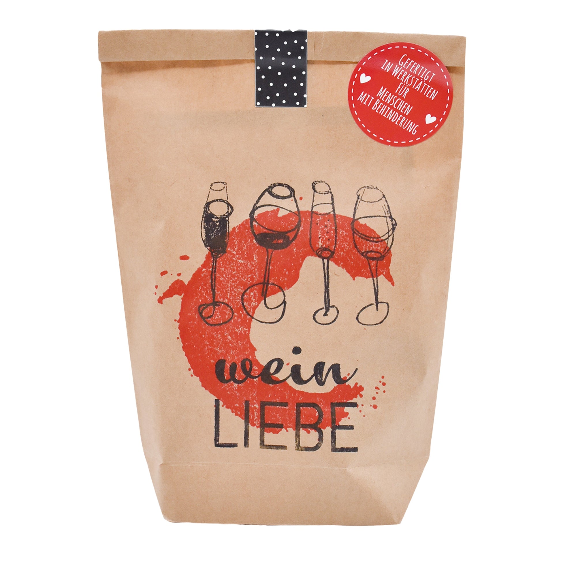 Wundertüte in braun bestempelt mit Weinliebe als geschenke für weinliebhaber
