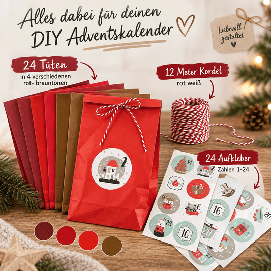 Adventskalender Bastelset: 24 Tüten in Rot und Braun, Aufkleber und Kordel