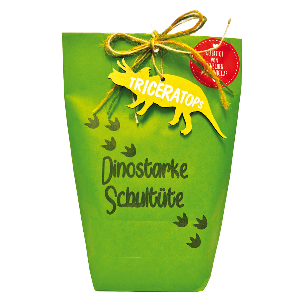 Dino Schultüte für den dinostarken Schulstart als grüne Wundertüte