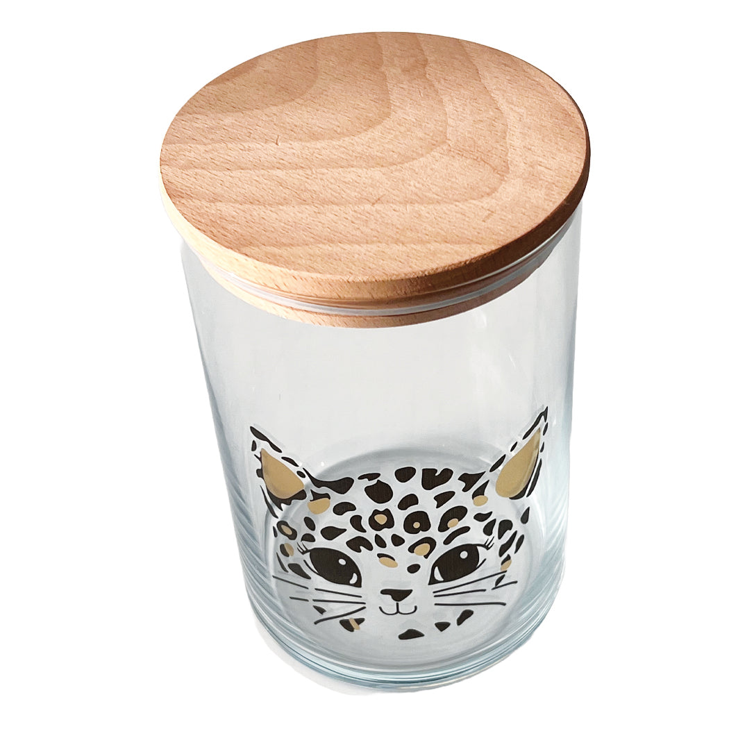 Stylisch für die Küche– Glasdose mit Deckel und Katze im Leoprint-Look