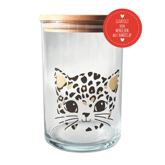 Vorratsglas mit Holzdeckel und Katze