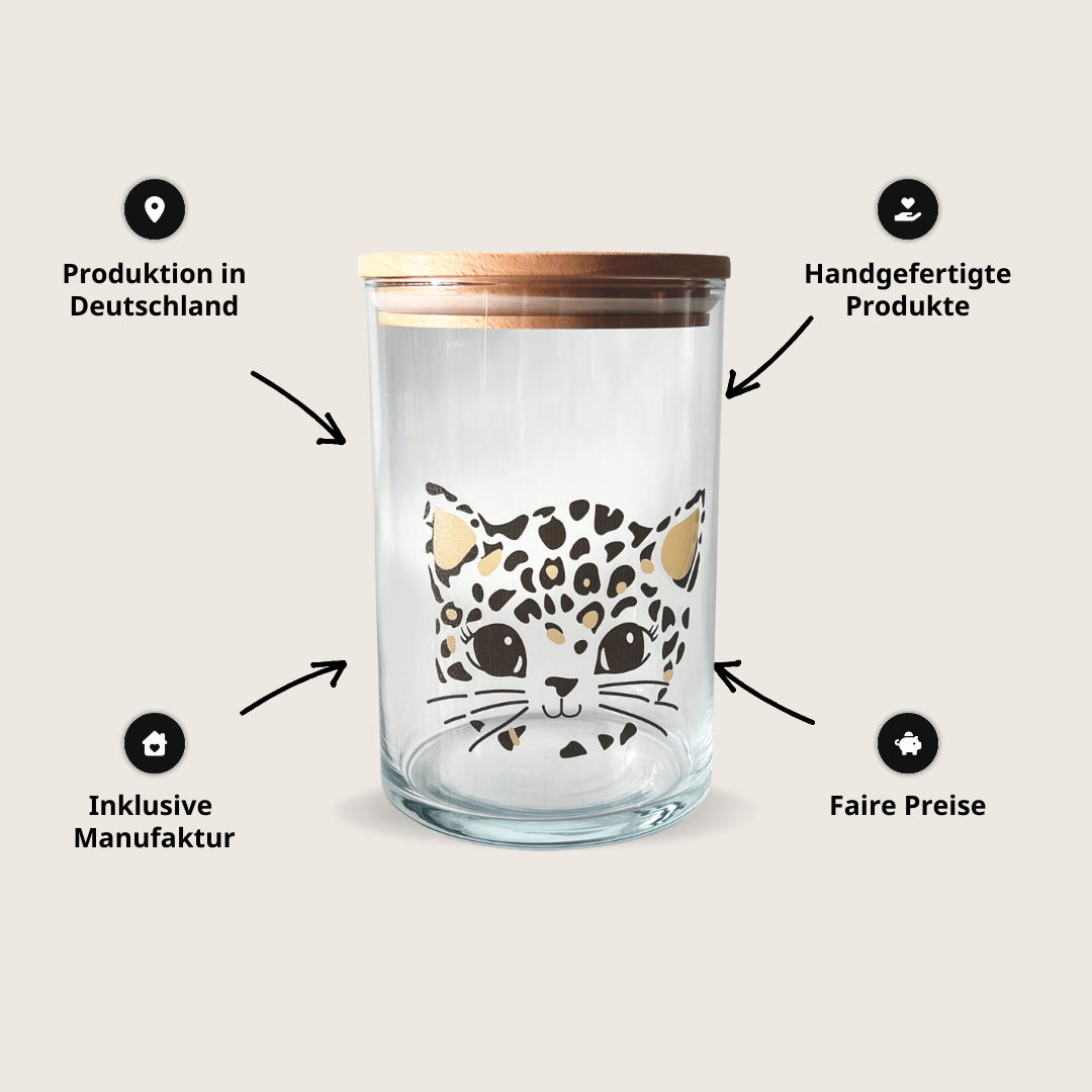 Handgemachtes Vorratsglas mit Holzdeckel und Katzenmotiv- von Menschen mit Behinderung