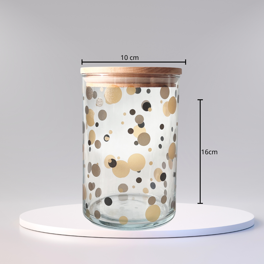 Glasdose mit Holzdeckel und goldenen Punkten