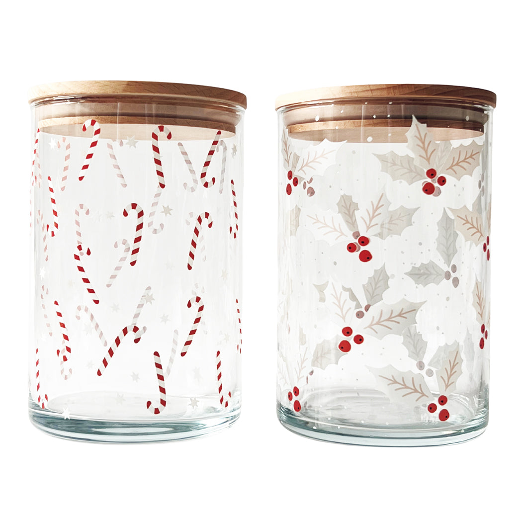 Keksdose aus Glas – Weihnachtszauber mit Ilexblättern- stylisches Dosenset