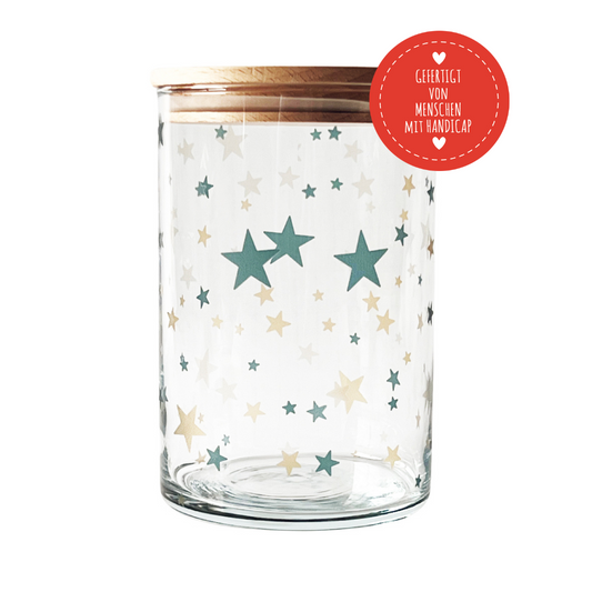 Vorratsbehälter aus Glas mit Holzdeckel bedruckt mit blauen und creme Sternen