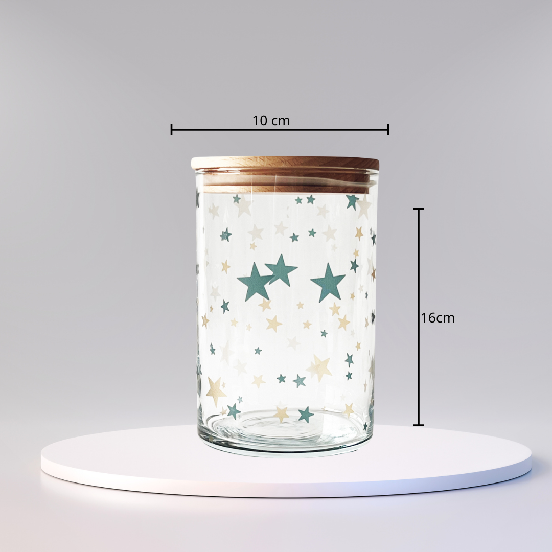 Vorratsglas mit Holzdeckel und Sternenmotiv Größe 10x16cm