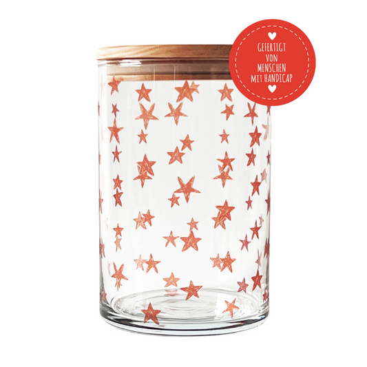 Bonbonglas mit roten Sternen gefertigt von Menschen mit Handicap