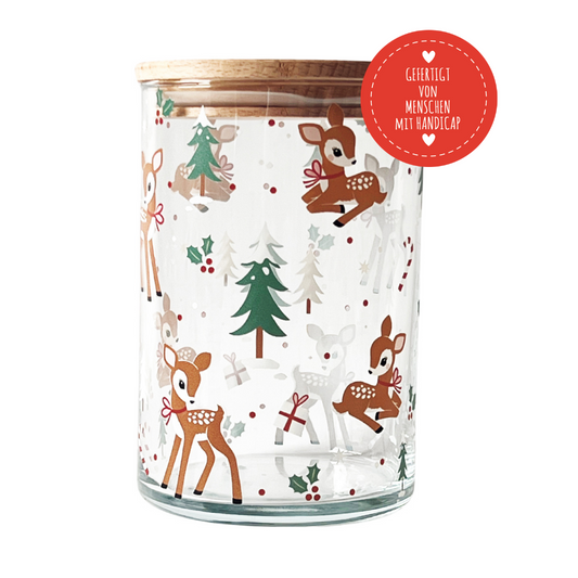 Vorratsglas mit Holzdeckel und Rehen