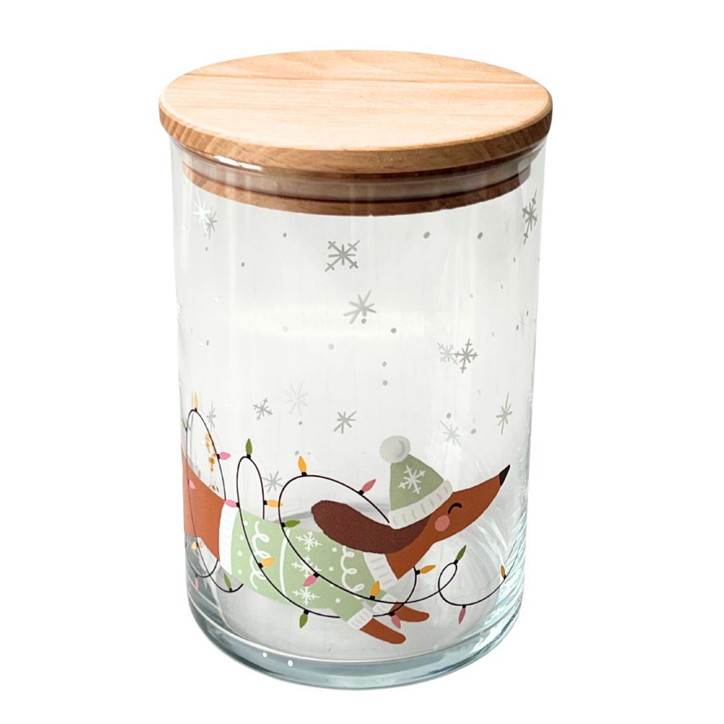 Vorratsglas mit Holzdeckel – Weihnachtlicher Dackelspaß für dein Zuhause. Bedruckt mit einem Dackel und einer Lichterkette