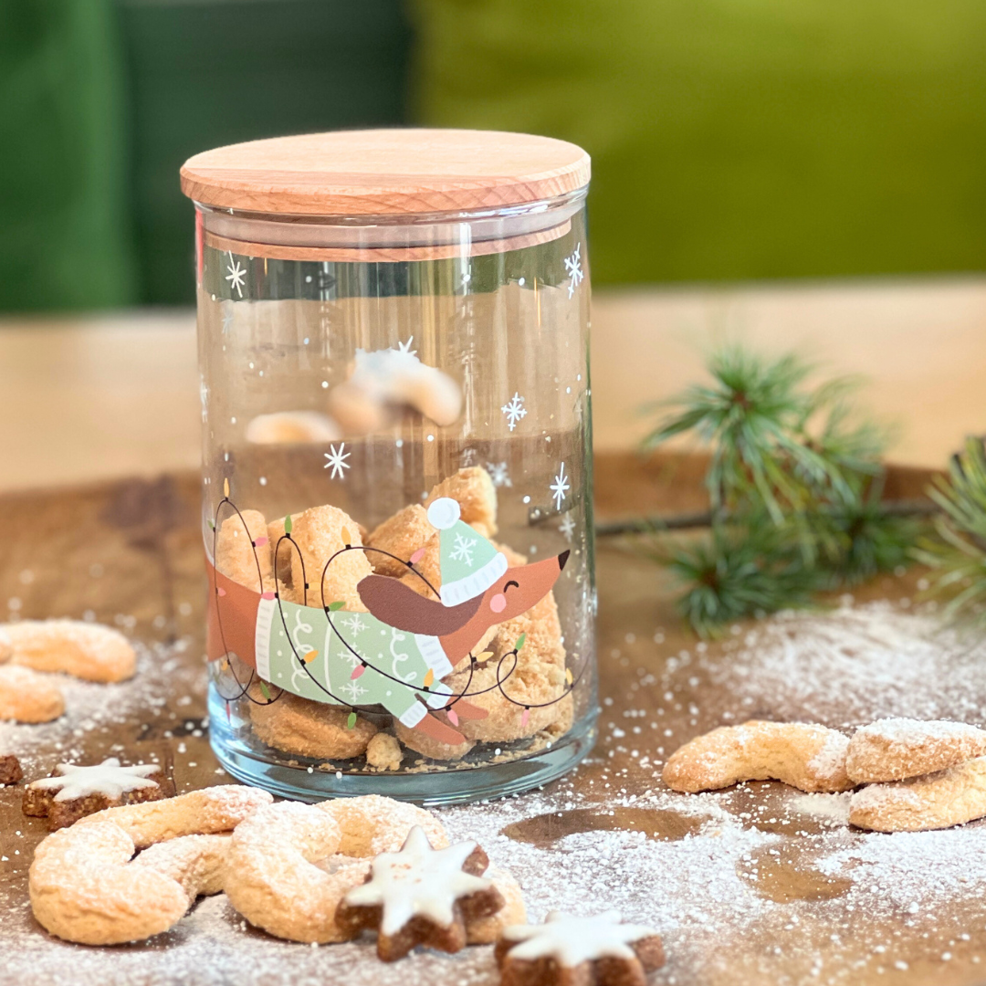 Vorratsglas mit Holzdeckel – Weihnachtlicher Dackelspaß für dein Zuhause- Weihnachtsdackel
