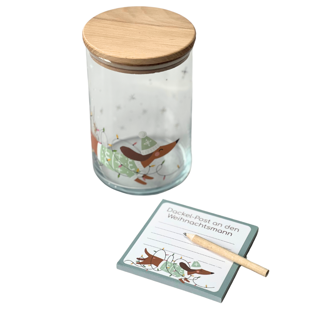 Vorratsglas mit Dackelmotiv und passendem Notizblock dazu