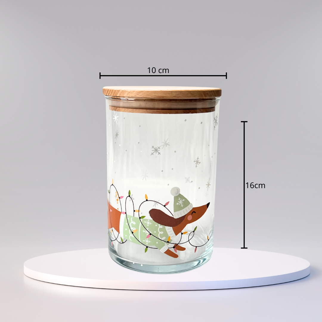Vorratsglas mit Holzdeckel mit Dackel Motiv 10x16cm