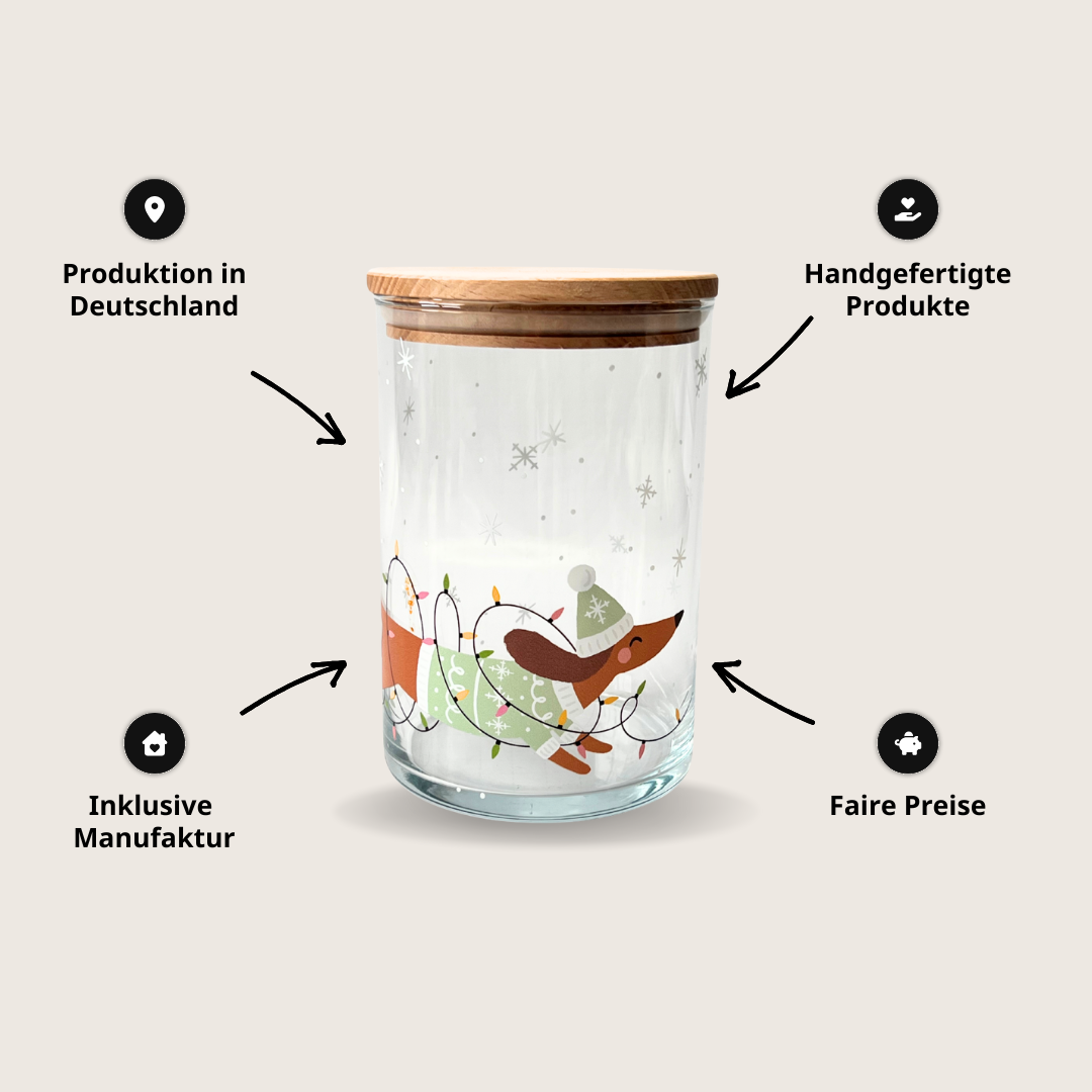 Vorratsglas mit Holzdeckel und Dackel