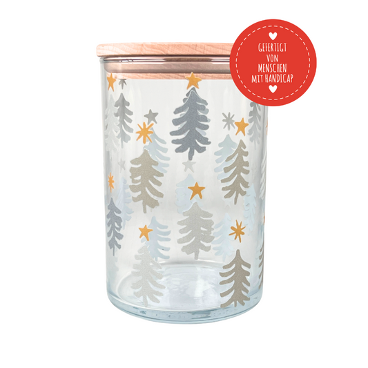 Vorratsglas mit grau - goldenen Tannen gefertigt von Menschen mit Handicap