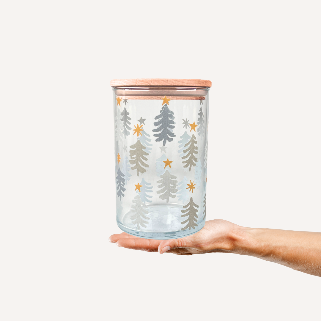 Elegante Glasdose mit Holzdeckel und Tannenbaum Motiven in grau
