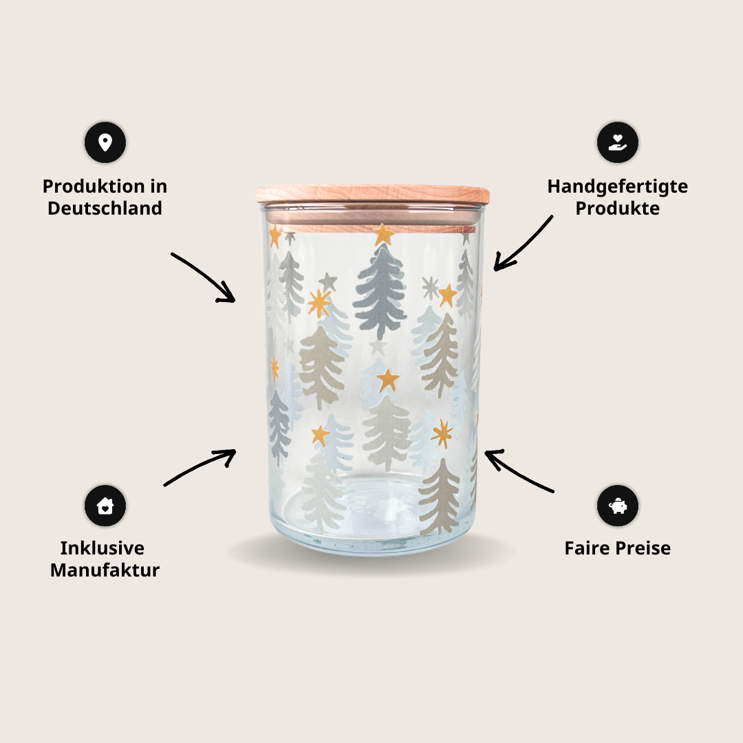 Tannendruck auf Vorratsglas in grau gold