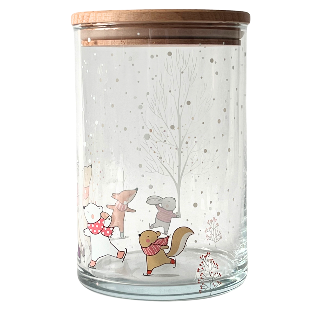 Aufbewahrungsglas mit Deckel – ein Wintermärchen voller Herz und Glanz - Glasdose mit Wintermotiv