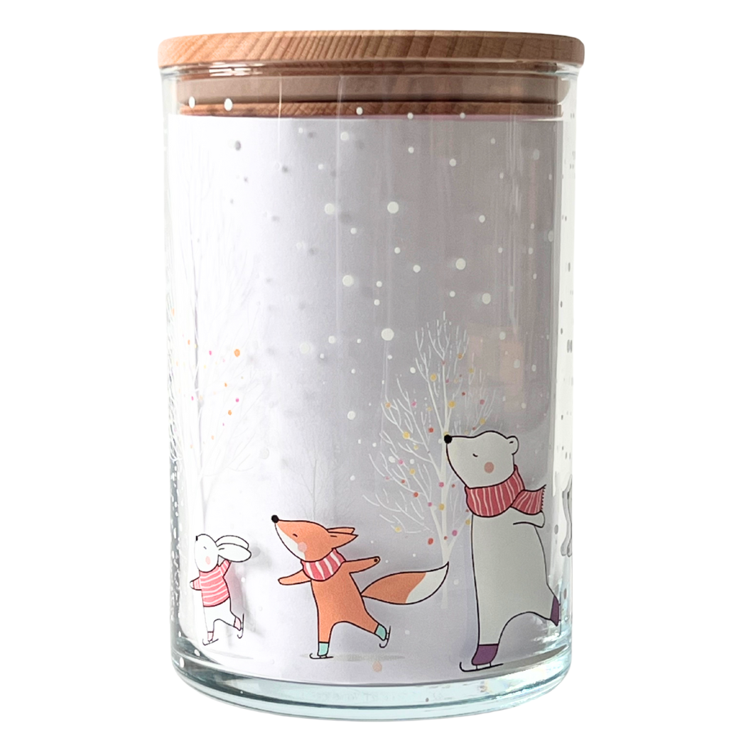 Glasdose mit Winterlandschaft Tiere und Holzdeckel