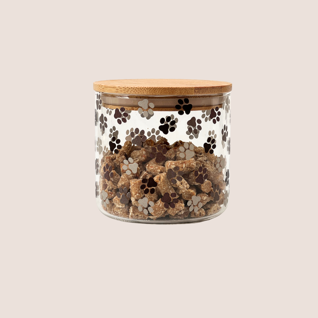 Leckerchen  Glasdose mit Holzdeckel und niedlichen Pfoten Print