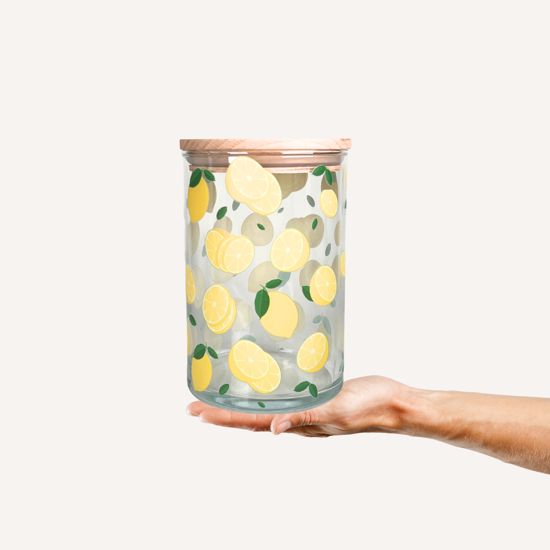 Zitronenprint auf Glasdose mit Holzdeckel