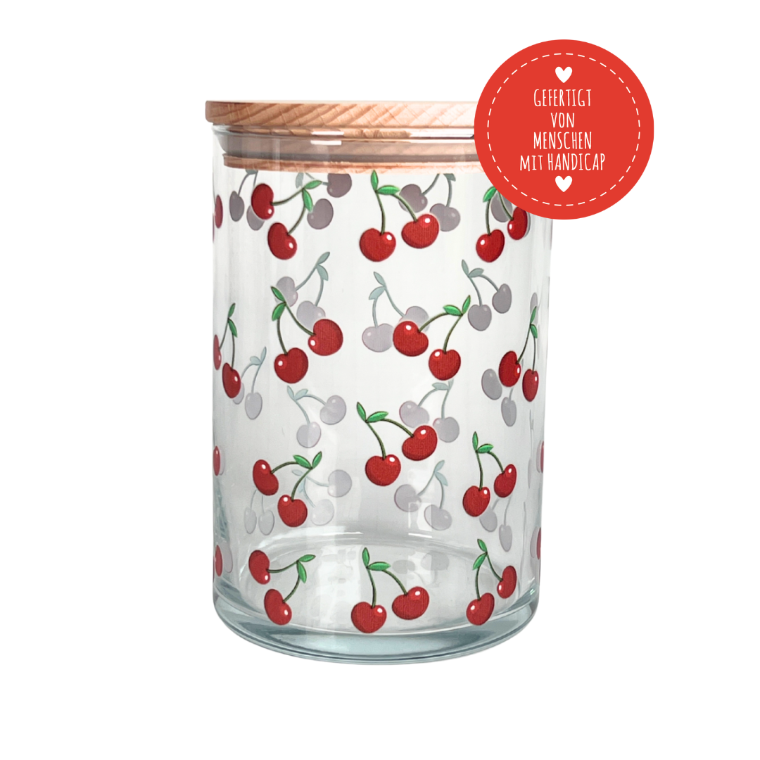 Vorratsglas mit Holzdeckel und Kirschendruck - gefertigt von Menschen mit Handicap
