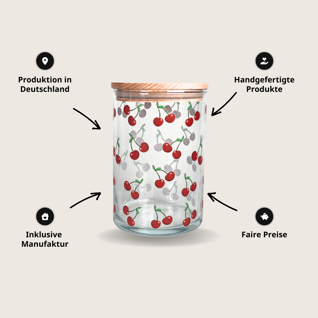 Vorratsglas mit Holzdeckel und Kirschen Druck , handgefertigt in Deutschland