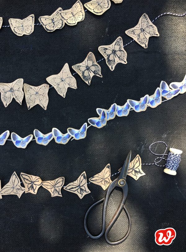 Partyschmücker, der Sommer will gefeiert werden! DIY Nr.2, Schmetterlingsgirlanden, Schmetterlingspapierkränze und Pflanzenstecker