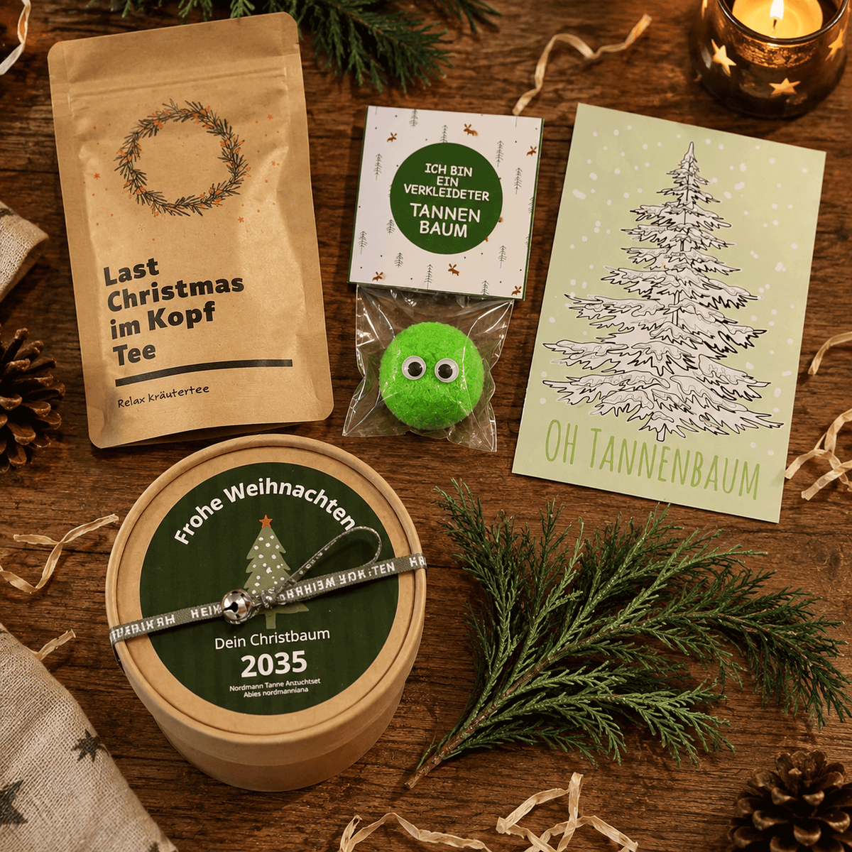 Christbaum Anzucht Set Geschenkbox mit Anzuchtset, Kräutertee und lustigem Marshmallow