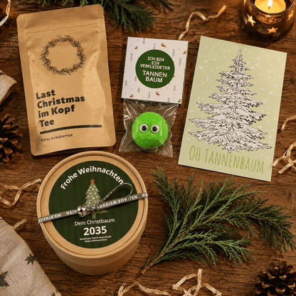 Christbaum Anzucht Set Geschenkbox mit Anzuchtset, Kräutertee und lustigem Marshmallow