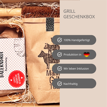 Grillbox für echte, ultimative Grillfans - lässt Männerherzen höher schlagen. Warum du diese Box kaufen solltest – 100 % handgemacht- Produktion in Deutschland- Wir leben Inklusion- nachhaltig