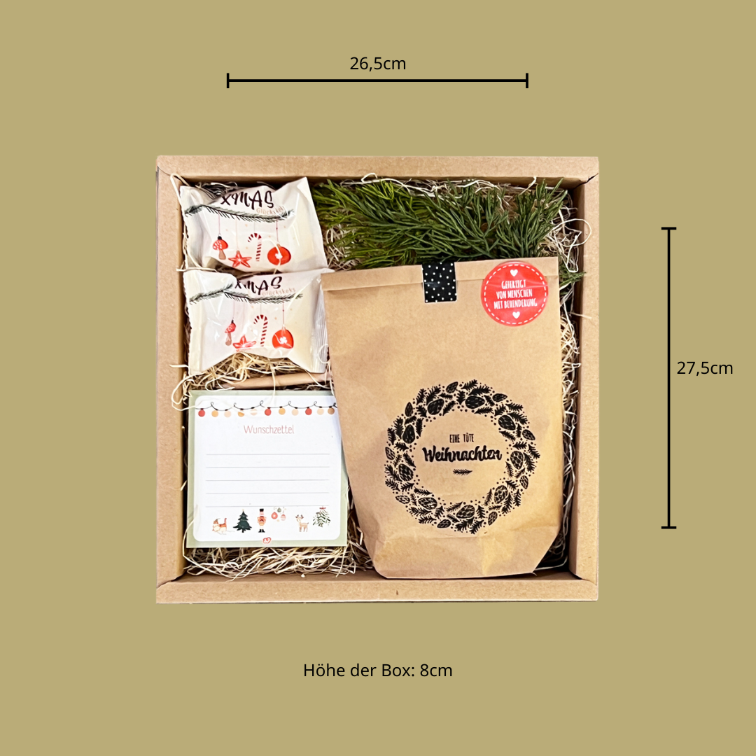 Geschenkbox zu Weihnachten mit Wundertüte, Weihnachtsglückskeksen und Wunschzettelblock