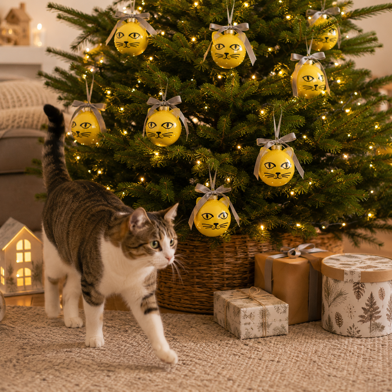 Katzen Christbaumkugeln am Tannenbaum