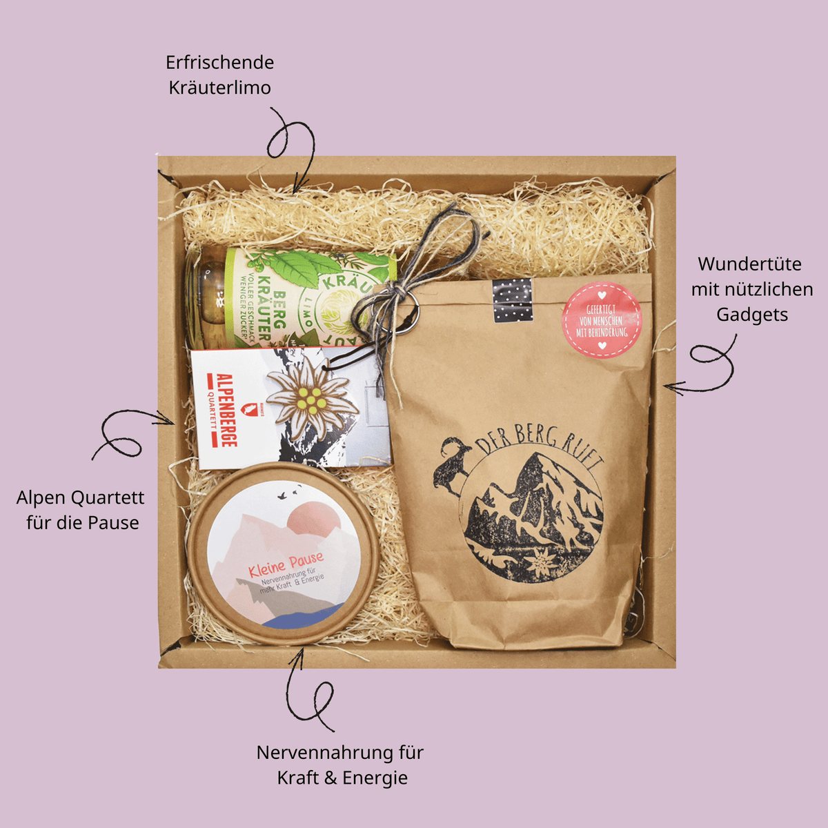 Geschenk für Wanderer: Pausensnacks, Kräuterlimo, Kartenspiel und Wundertüte in hochwertiger Geschenkbox