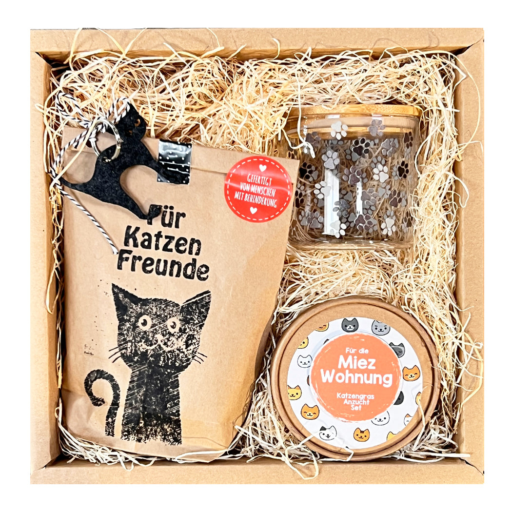 Katzenfreunde Geschenkbox mit Vorratsglas für Leckerli