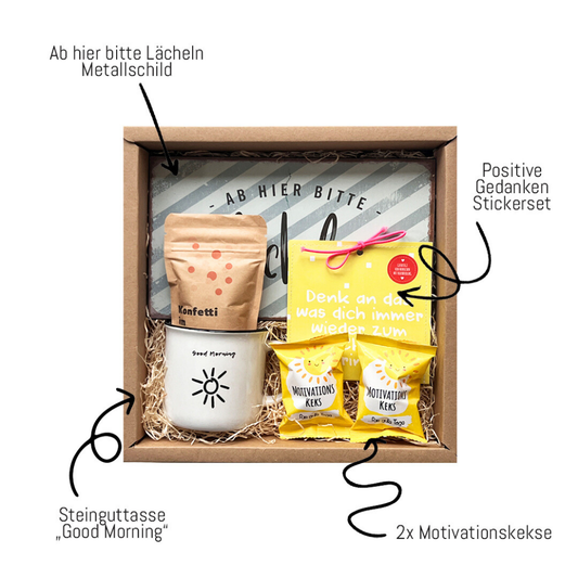 Onboarding Geschenk mit Herz:Türschild: Ab hier bitte lächeln, Motivationsglückskekse, Good Morning Tasse aus Steingut- Konfetti im Kopf Tee