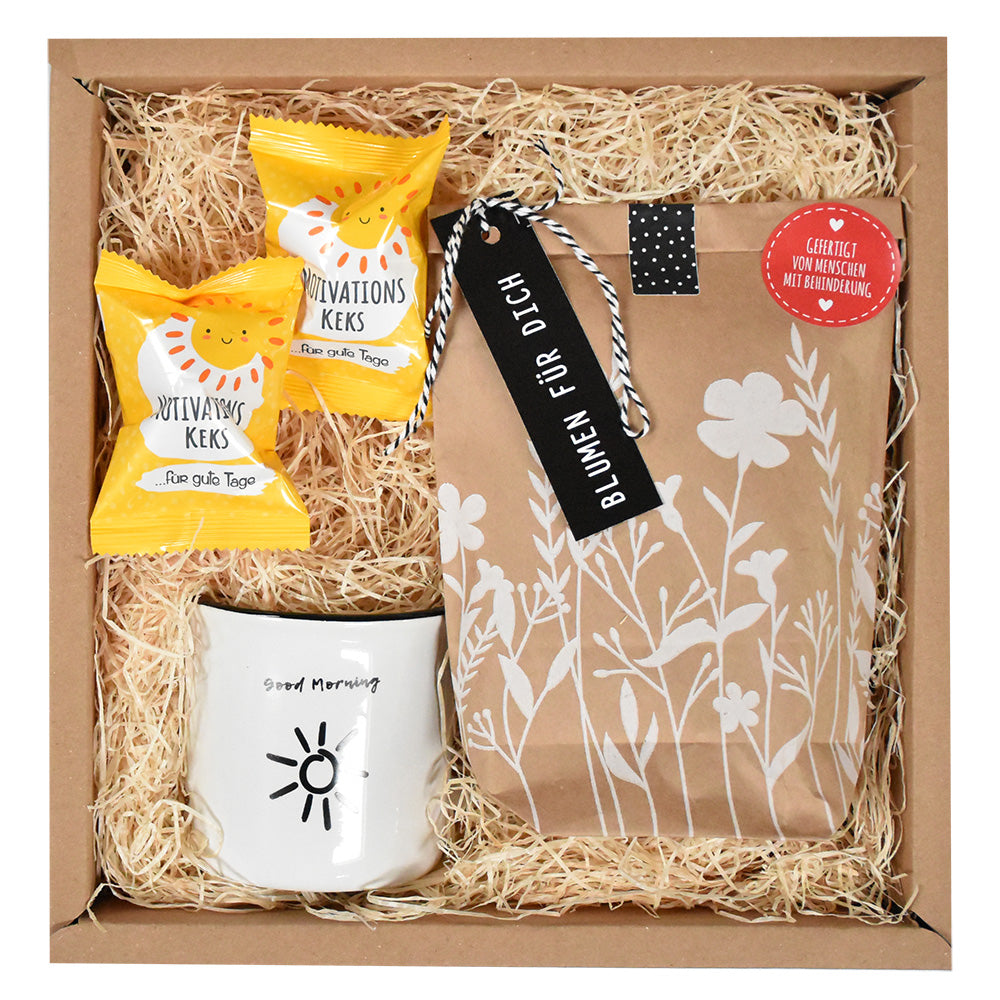 gute laune geschenk-Geschenkbox mit Blumenstrauß Anzuchtset, Steinguttasse und Motivationsglückskeksen